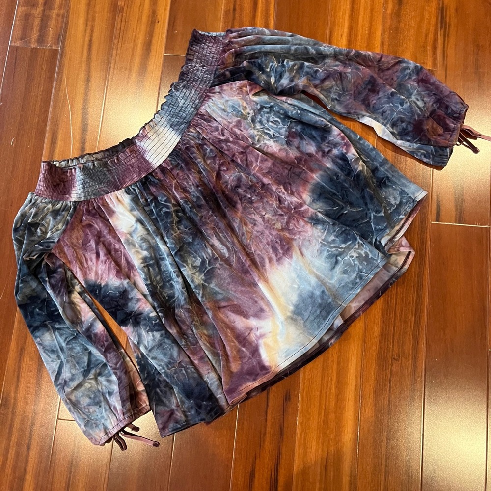 American Eagle Velvet Top Purple Tie Dye Velour Off The Shoulder Smocked Medium
